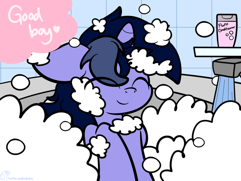 Size: 2048x1536 | Tagged: safe, artist:kimjoman, derpibooru import, oc, oc:purple flix, unofficial characters only, pony, unicorn, bath, bathroom, bubble, eyes closed, floppy ears, heart, indoors, male, soap bubble, solo, stallion, text, water