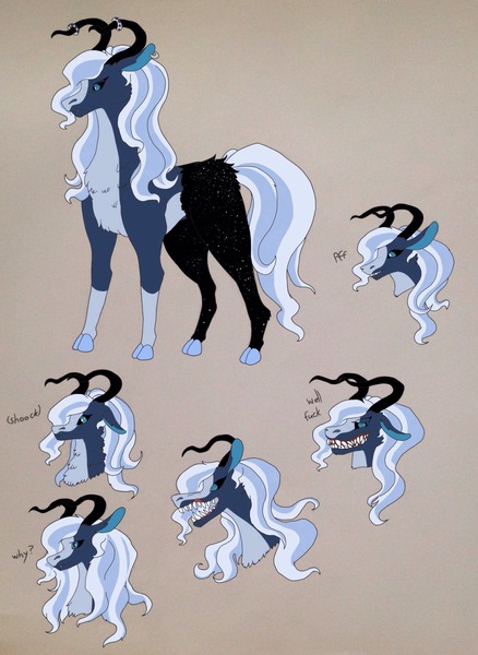 Size: 1824x2500 | Tagged: safe, artist:nightshade2004, derpibooru import, oc, oc:selenia, unofficial characters only, hybrid, female, horns, interspecies offspring, offspring, parent:lord tirek, parent:princess luna, parents:tiluna, sharp teeth, solo, teeth