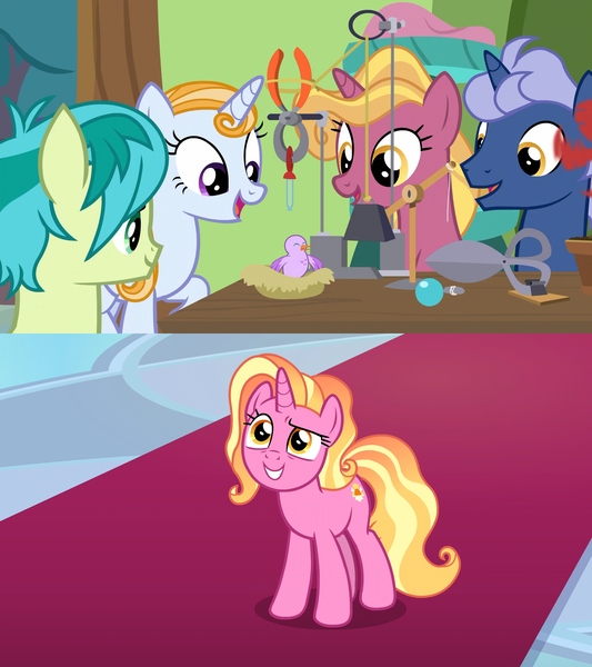 Size: 1920x2160 | Tagged: safe, derpibooru import, edit, screencap, fire flicker, luster dawn, midnight snack (character), sandbar, summer meadow, bird, earth pony, pony, unicorn, a horse shoe-in, the last problem, comparison, female, friendship student, male, mare, teenager, theory