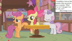 Size: 1280x720 | Tagged: safe, derpibooru import, edit, edited screencap, screencap, apple bloom, scootaloo, sweetie belle, earth pony, pegasus, pony, unicorn, call of the cutie, adorabloom, balloon, bow, c.s. lewis, cupcake, cute, cutealoo, diasweetes, food, inset, mane bow, pie, sugarcube corner, text, the four loves