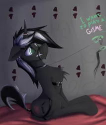 Size: 2900x3400 | Tagged: suggestive, artist:observerdoz, derpibooru import, oc, oc:doz, unofficial characters only, pony, unicorn, bdsm, belt, bondage, chest fluff, collar, dialogue, gag, horn, horn ring, leash, magic, magic suppression, male, offscreen character, pet play, ring, solo, stallion, tail wrap, telekinesis