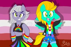 Size: 3000x2000 | Tagged: safe, artist:alannaartroid, derpibooru import, lightning dust, limestone pie, earth pony, pegasus, pony, arm behind head, belt, bipedal, clothes, coat, commission, denim shorts, female, gay pride, grin, heart, jacket, jewelry, leather jacket, lesbian, lesbian pride flag, limedust, mare, midriff, necklace, open mouth, pride, pride flag, rainbow, raised hoof, shipping, shirt, shorts, skirt, smiling, spread wings, stars, t-shirt, tanktop, tongue out, wings, wristband