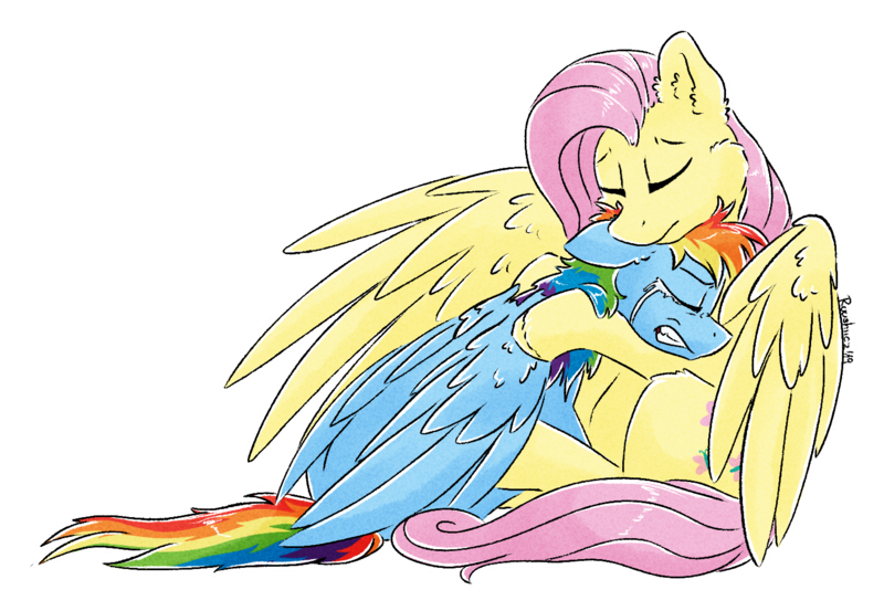 Size: 1432x990 | Tagged: safe, artist:ruushiicz, derpibooru import, fluttershy, rainbow dash, pegasus, pony, comforting, crying, duo, eyes closed, female, folded wings, hug, mare, outline, role reversal, simple background, sitting, spread wings, teary eyes, transparent background, white outline, wings