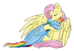 Size: 1432x990 | Tagged: safe, artist:ruushiicz, derpibooru import, fluttershy, rainbow dash, pegasus, pony, comforting, crying, duo, eyes closed, female, folded wings, hug, mare, outline, role reversal, simple background, sitting, spread wings, teary eyes, transparent background, white outline, wings