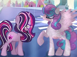 Size: 1024x763 | Tagged: safe, artist:applesweetness, derpibooru import, princess flurry heart, oc, oc:diamond shield, alicorn, crystal pony, pony, unicorn, adult, base used, blushing, cousins, crystal empire, duo, female, glasses, hair over one eye, mare, offspring, older, older flurry heart, one hoof raised, parent:flam, parent:twilight sparkle, parents:twiflam, pregnant, raised wings