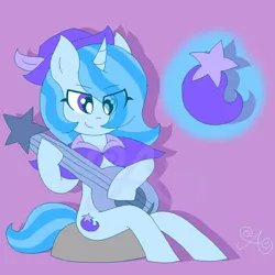 Size: 2000x2000 | Tagged: safe, artist:alannaartroid, derpibooru import, trixie, pony, unicorn, alternate hairstyle, alternate universe, bard, cape, clothes, eye clipping through hair, fantasy class, female, guitar, hair over one eye, hat, mare, musical instrument, purple background, rock, simple background, solo