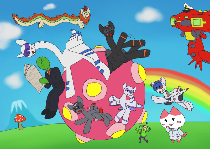 Size: 1602x1144 | Tagged: safe, artist:fameng, derpibooru import, autumn blaze, oc, oc:air liner, oc:anon, oc:blitz, oc:cloudwalker, oc:val, original species, plane pony, pony, b-bs-cnb kombiler, katamari damacy, plane, r-90 ragnarok, r-type, rainbow, spaceship