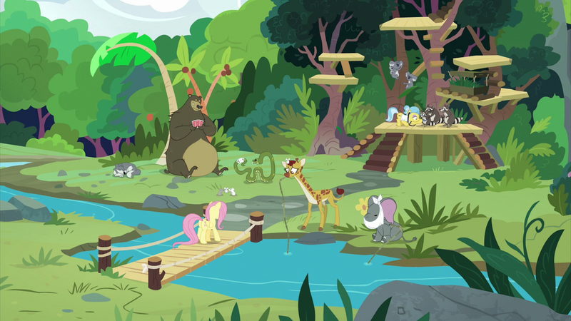 Size: 2100x1180 | Tagged: safe, derpibooru import, screencap, angel bunny, antoine, clementine, doctor fauna, fluttershy, harry, muriel, sandra, smoky, smoky jr., softpad, bear, earth pony, elephant, giraffe, koala, pegasus, pony, python, raccoon, snake, wolf, she talks to angel, animal, bridge, cloven hooves, female, mare, palm tree, river, stream, sweet feather sanctuary, tree