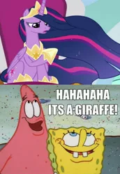 Size: 794x1154 | Tagged: safe, derpibooru import, edit, edited screencap, editor:clumsycoon, screencap, princess twilight 2.0, twilight sparkle, twilight sparkle (alicorn), alicorn, pony, the last problem, bubblestand, image, jpeg, meme, patrick star, spongebob squarepants, spongebob squarepants (character), throne, throne room