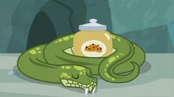 Size: 2100x1180 | Tagged: animal, antoine, cookie, cookie jar, derpibooru import, eyes closed, food, jar, python, safe, screencap, she talks to angel, sleeping, snake, snake treat, solo