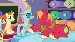 Size: 1920x1080 | Tagged: safe, derpibooru import, screencap, big macintosh, golden crust, ocellus, peppermint goldylinks, changedling, changeling, earth pony, pegasus, pony, unicorn, a horse shoe-in, eyes closed, female, friendship student, male, mare, raised hoof, stallion, teenager