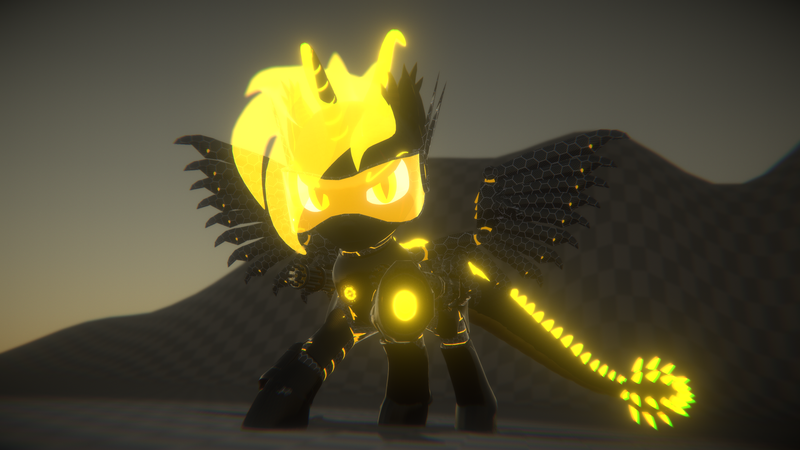 Size: 3840x2160 | Tagged: safe, artist:phoenixtm, derpibooru import, oc, oc:phoenix stardash, cyborg, dracony, dragon, hybrid, pony, 3d, dracony alicorn, ethereal mane, glow, minigun, night, spread wings, weapon, wings