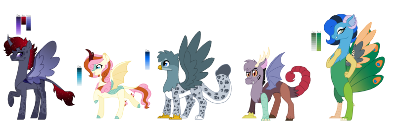 Size: 3981x1301 | Tagged: safe, artist:superponymon, derpibooru import, oc, unofficial characters only, changepony, draconequus, gryphon, hybrid, kirin, winged kirin, colored hooves, draconequus oc, griffon oc, kirin hybrid, offspring, parent:autumn blaze, parent:cosmos, parent:discord, parent:fluttershy, parent:gabby, parent:gallus, parent:pharynx, parent:princess luna, parents:autumnshy, parents:coscord, parents:gabbus, parents:lunarynx, peacock feathers, peacock tail, ram horns, scorpion tail, stinger