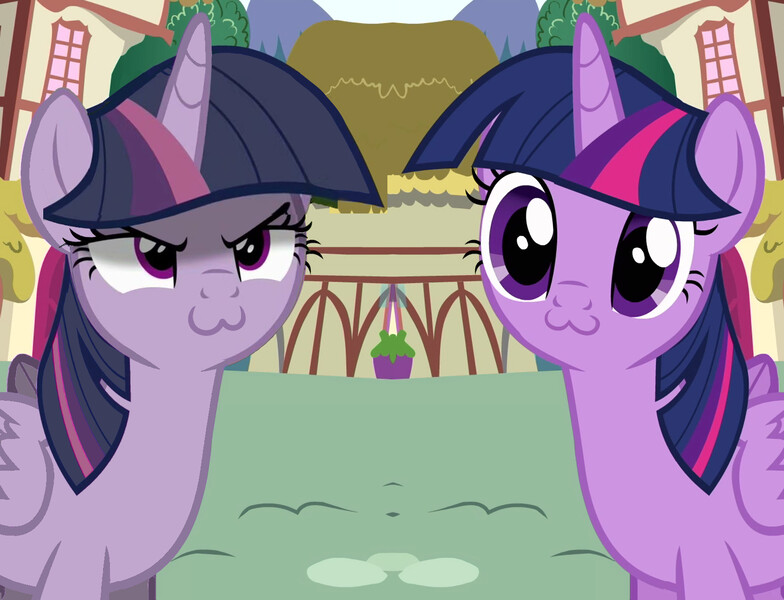 Size: 1704x1304 | Tagged: safe, derpibooru import, edit, edited screencap, screencap, mean twilight sparkle, twilight sparkle, twilight sparkle (alicorn), alicorn, pony, pinkie pride, the mean 6, :3, >:3, catface, cute, duality, female, i can be your angle or your debil, mare, self ponidox, twiabetes, twilight cat