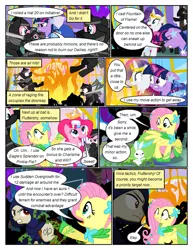 Size: 612x792 | Tagged: safe, artist:christhes, derpibooru import, angel bunny, fluttershy, pinkie pie, rarity, twilight sparkle, ponified, earth pony, pegasus, pony, rabbit, unicorn, comic:friendship is dragons, animal, cloak, clothes, collaboration, comic, crossover, dialogue, dress, explosion, eyes closed, female, fight, fire, gala dress, garrett, grin, hat, jewelry, katana, lip bite, looking up, male, mare, ninja, raised hoof, scared, show accurate, smiling, stallion, sword, thief (video game), tiara, unicorn twilight, vine, weapon, wide eyes