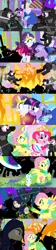 Size: 1920x8640 | Tagged: safe, alternate version, artist:christhes, derpibooru import, angel bunny, fluttershy, pinkie pie, rarity, twilight sparkle, ponified, earth pony, pegasus, pony, rabbit, unicorn, comic:friendship is dragons, animal, cloak, clothes, collaboration, comic, crossover, dress, explosion, eyes closed, female, fight, fire, gala dress, garrett, grin, hat, jewelry, katana, lip bite, looking up, male, mare, ninja, raised hoof, scared, show accurate, smiling, stallion, sword, thief (video game), tiara, unicorn twilight, vine, weapon, wide eyes