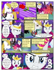 Size: 612x792 | Tagged: safe, artist:christhes, derpibooru import, edit, edited screencap, screencap, prince blueblood, rarity, pony, unicorn, comic:friendship is dragons, alicorn amulet, alternate eye color, angry, clothes, collaboration, comic, dialogue, dress, eyes closed, female, fight, flower, flower in mouth, frown, gala dress, glass slipper (footwear), glowing horn, gritted teeth, high heels, horn, it is on, jewelry, male, mare, mouth hold, rose, rose in mouth, screencap comic, shocked, shoes, stallion, tiara, torn clothes, unamused, wide eyes
