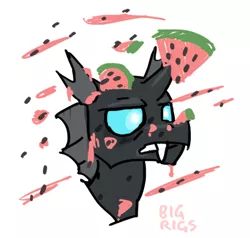 Size: 650x620 | Tagged: artist:bigrigs, bust, changeling, changeling loves watermelon, derpibooru import, food, melon, portrait, safe, solo, uhh, watermelon