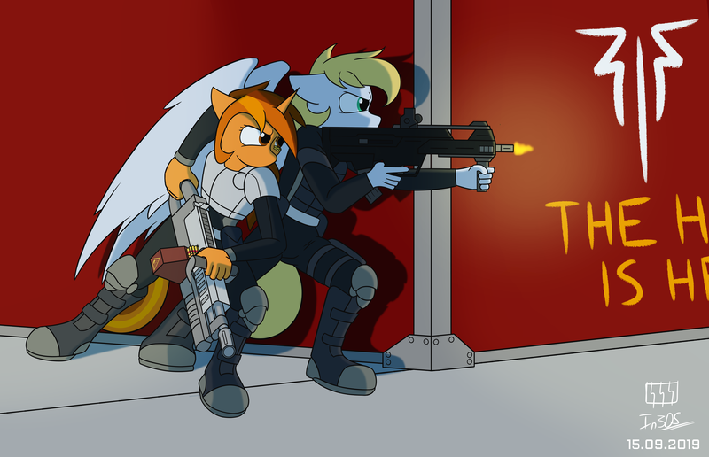 Size: 4000x2582 | Tagged: safe, artist:in3ds2, artist:katingcipset, derpibooru import, oc, oc:cutting chipset, oc:duskie, unofficial characters only, anthro, pegasus, unicorn, anthro oc, clothes, female, graffiti, gun, machine gun, male, uniform, weapon