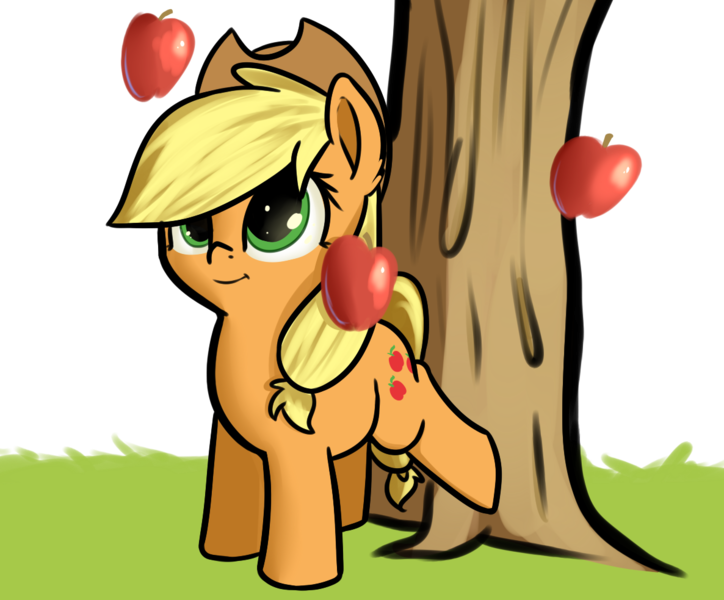 Size: 1186x983 | Tagged: source needed, safe, artist:neuro, derpibooru import, applejack, earth pony, pony, apple, applebucking, applejack mid tree-buck facing the left with 3 apples falling down, applejack mid tree-buck with 3 apples falling down, chibi, cowboy hat, cute, falling, female, food, hat, jackabetes, mare, simple background, solo, transparent background