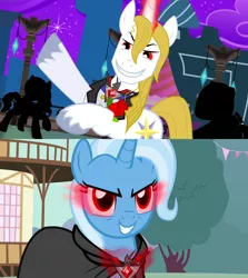 Size: 1460x1640 | Tagged: safe, artist:christhes, derpibooru import, edit, screencap, prince blueblood, trixie, pony, unicorn, magic duel, alicorn amulet, cloak, clothes, evil grin, female, grin, male, mare, smiling, sombra eyes, stallion