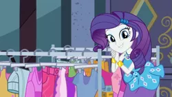 Size: 989x558 | Tagged: safe, derpibooru import, screencap, rarity, equestria girls, equestria girls series, street chic, spoiler:eqg series (season 2), female, looking at you, smiling, smiling at you, solo