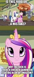 Size: 500x1119 | Tagged: safe, derpibooru import, princess cadance, shining armor, pony, a flurry of emotions, art museum, background pony, caption, chicken sandwich, double down, image macro, imgflip, kfc, meme, museum, text, vulgar