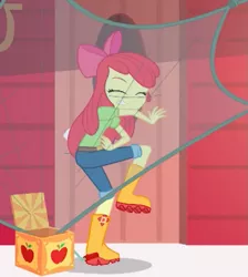 Size: 915x1023 | Tagged: safe, derpibooru import, screencap, apple bloom, equestria girls, equestria girls series, holidays unwrapped, spoiler:eqg series (season 2), apple bloom's bow, boots, bow, box, clothes, covering, cropped, female, hair bow, jack in the box, jeans, net, pants, shoes, solo, the cider louse fools