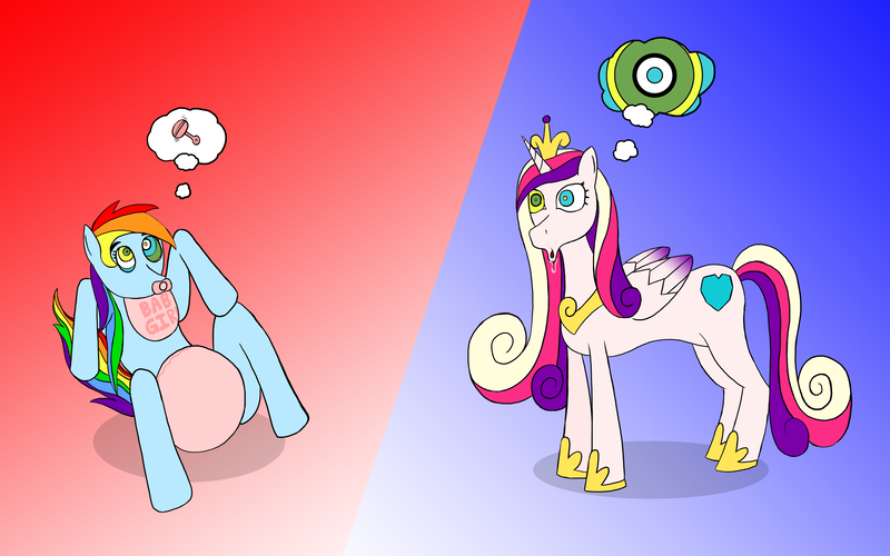 Size: 4000x2500 | Tagged: questionable, artist:black--wave, derpibooru import, princess cadance, rainbow dash, alicorn, pegasus, pony, abstract background, adult foal, bib, commission, crown, diaper, diaper fetish, drool, female, fetish, hoof shoes, hypno dash, hypnosis, jewelry, mare, mental regression, pacifier, poofy diaper, rattle, regalia, swirly eyes