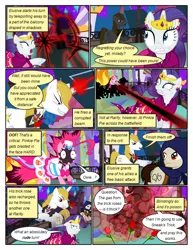 Size: 612x792 | Tagged: safe, artist:christhes, derpibooru import, pinkie pie, prince blueblood, rarity, earth pony, pony, unicorn, comic:friendship is dragons, alicorn amulet, alternate eye color, angry, blast, burnt, clothes, collaboration, comic, crossover, dialogue, dress, evil grin, eyes closed, female, fight, flower, flower in mouth, frown, gala dress, garrett, glass slipper (footwear), glowing horn, grin, hat, high heels, horn, injured, jewelry, jumping, looking back, looking up, magic, magic beam, magic blast, male, mare, mouth hold, ninja, rose, rose in mouth, shoes, show accurate, smiling, stallion, thief (video game), tiara, unshorn fetlocks, worried