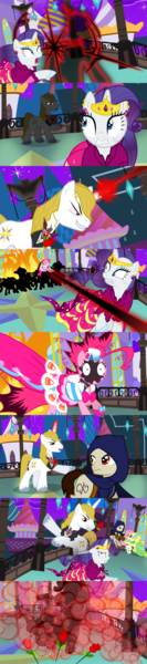 Size: 1154x5193 | Tagged: safe, alternate version, artist:christhes, derpibooru import, pinkie pie, prince blueblood, rarity, ponified, earth pony, pony, unicorn, comic:friendship is dragons, alicorn amulet, alternate eye color, angry, blast, burnt, clothes, collaboration, comic, crossover, dress, evil grin, eyes closed, female, fight, flower, flower in mouth, frown, gala dress, garrett, glowing horn, grin, hat, horn, injured, jewelry, jumping, looking back, looking up, magic, magic beam, magic blast, male, mare, mouth hold, ninja, rose, rose in mouth, show accurate, smiling, stallion, thief (video game), tiara, unshorn fetlocks, worried