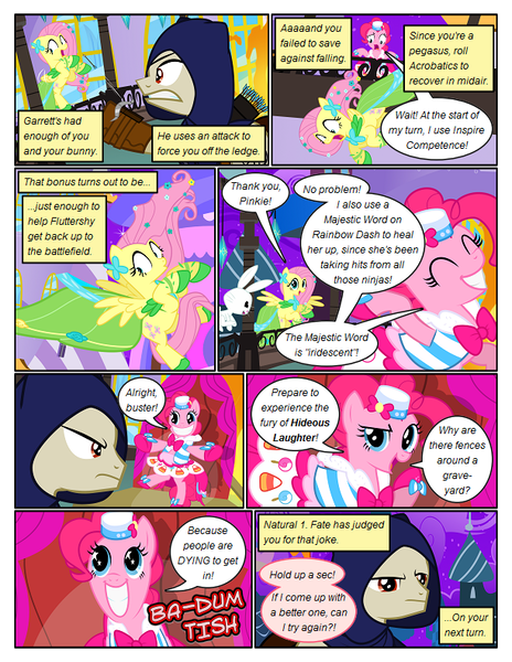 Size: 612x792 | Tagged: safe, artist:christhes, derpibooru import, fluttershy, pinkie pie, ponified, earth pony, pegasus, pony, rabbit, comic:friendship is dragons, animal, cloak, clothes, collaboration, comic, crossbow, crossover, dialogue, dress, eyes closed, falling, female, flying, gala dress, garrett, grin, hat, looking down, male, mare, night, onomatopoeia, show accurate, smiling, stallion, starry eyes, stars, wingding eyes