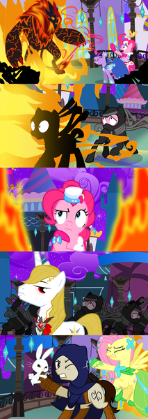 Size: 1920x5400 | Tagged: safe, alternate version, artist:christhes, derpibooru import, angel bunny, fluttershy, pinkie pie, prince blueblood, twilight sparkle, ponified, pony, rabbit, unicorn, comic:friendship is dragons, alicorn amulet, alternate eye color, animal, burning, cloak, clothes, collaboration, comic, crossover, dress, eyes closed, female, fight, fire, flower, gala dress, garrett, male, mare, night, ninja, punch, rose, scared, show accurate, stallion, stars, surprised, thief (video game), thinking, unicorn twilight, wide eyes, worried