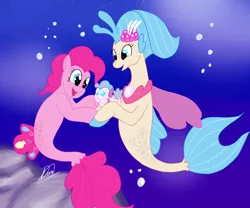 Size: 1280x1065 | Tagged: safe, artist:linadoonofficial, derpibooru import, pinkie pie, princess skystar, oc, hybrid, seapony (g4), my little pony: the movie, baby, family, female, flower, flower in hair, interspecies offspring, lesbian, magical lesbian spawn, offspring, parent:pinkie pie, parent:princess skystar, parents:skypie, seaponified, seapony pinkie pie, shipping, skypie, species swap, underwater, water