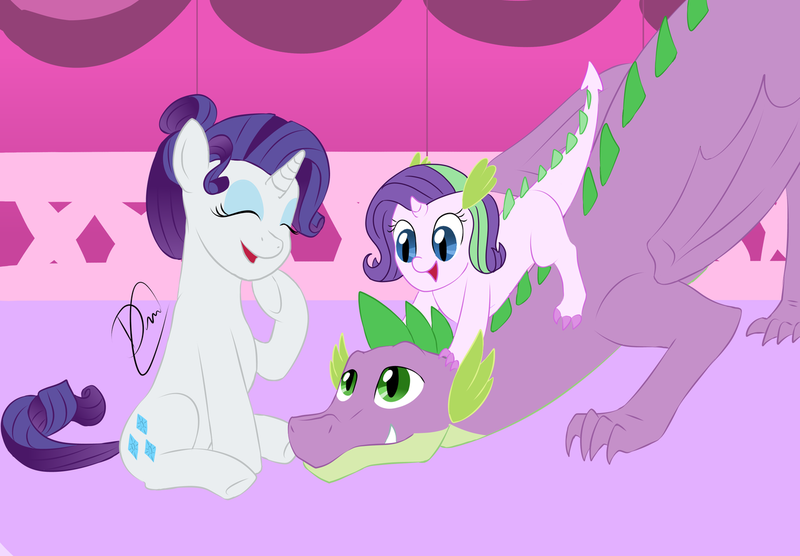Size: 1280x890 | Tagged: safe, artist:linadoon, artist:linadoonofficial, derpibooru import, rarity, spike, oc, dracony, dragon, hybrid, pony, alternate hairstyle, family, female, interspecies offspring, male, offspring, older, older spike, parent:rarity, parent:spike, parents:sparity, shipping, sparity, straight, winged spike