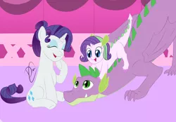 Size: 1280x890 | Tagged: safe, artist:linadoon, artist:linadoonofficial, derpibooru import, rarity, spike, oc, dracony, dragon, hybrid, pony, alternate hairstyle, family, female, interspecies offspring, male, offspring, older, older spike, parent:rarity, parent:spike, parents:sparity, shipping, sparity, straight, winged spike