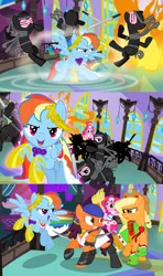 Size: 1920x3240 | Tagged: safe, alternate version, artist:christhes, derpibooru import, applejack, pinkie pie, rainbow dash, earth pony, pegasus, pony, comic:friendship is dragons, angry, bandana, clothes, collaboration, comic, crossover, dragon age, dress, eyes closed, female, fight, fire, freckles, gala dress, glare, grin, hat, isabela, laurel wreath, looking back, magic, magic circle, mare, ninja, raised hoof, rearing, running, show accurate, smiling, wingblade