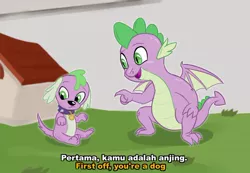 Size: 700x483 | Tagged: safe, artist:kul, derpibooru import, spike, spike the regular dog, dog, dragon, equestria girls, doggy dragondox, doghouse, duality, indonesian, meme, text, tom and jerry, winged spike