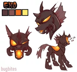 Size: 2200x2046 | Tagged: artist:bugbites, changeling, changeling oc, derpibooru import, mandibles, oc, oc:exo, orange changeling, reference sheet, safe