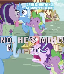 Size: 631x736 | Tagged: safe, derpibooru import, edit, edited screencap, editor:undeadponysoldier, screencap, angel bunny, spike, starlight glimmer, trixie, pony, unicorn, all bottled up, bag, discovery family logo, female, followup, glowing horn, he's mine, horn, hug, male, mare, polyamory, quiet, saddle bag, shipping, shipping war, sparlight, spike gets all the mares, spixie, straight, this will end in a cat fight