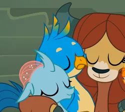 Size: 1200x1080 | Tagged: safe, derpibooru import, edit, edited screencap, screencap, gallus, ocellus, yona, changedling, changeling, gryphon, yak, school daze, castle of the royal pony sisters, cloven hooves, comforting, cropped, cuddling, cute, diaocelles, eyes closed, female, gallabetes, group hug, heartwarming, hug, male, offscreen character, sad, shipping fuel, side by side, smiling, stairs, trio, yonadorable