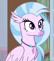 Size: 424x480 | Tagged: a horse shoe-in, animated, book, bookshelf, classical hippogriff, cropped, cute, derpibooru import, diastreamies, female, gif, happy, hippogriff, jewelry, necklace, sad, safe, screencap, silverstream, sky beak, smiling, solo focus, teenager, waving