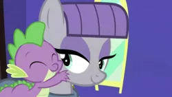 Size: 620x349 | Tagged: safe, derpibooru import, edit, edited screencap, editor:undeadponysoldier, screencap, maud pie, spike, dragon, earth pony, pony, maud pie (episode), cute, cute smile, daaaaaaaaaaaw, female, irrational exuberance, male, mare, maudabetes, maudspike, shipping, smiling, spikelove, straight, when she smiles