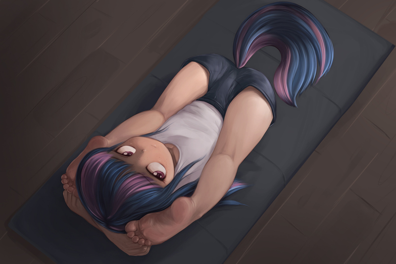 Size: 2913x1941 | Tagged: artist:pestil, barefoot, derpibooru import, feet, female, flexible, frontbend, human, humanized, looking at you, looking up, looking up at you, not twilight sparkle, on back, safe, solo, tailed humanization, wind sprint