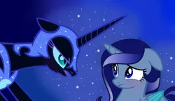 Size: 1238x716 | Tagged: safe, artist:parkmyung-moon23, derpibooru import, nightmare moon, oc, oc:myung moon, alicorn, pony, alicorn oc, base used, ethereal mane, female, helmet, horn, mare, offspring, parent:king sombra, parent:princess luna, parents:lumbra, scared, starry mane, wings