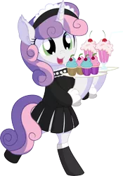 Size: 5416x7740 | Tagged: safe, artist:cyanlightning, derpibooru import, sweetie belle, pony, unicorn, .svg available, absurd resolution, bipedal, clothes, cupcake, cute, dress, ear fluff, female, filly, food, maid, milkshake, simple background, socks, solo, stockings, thigh highs, transparent background, vector
