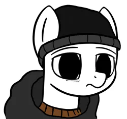 Size: 1854x1749 | Tagged: safe, artist:czu, derpibooru import, oc, oc:anon, earth pony, pony, beanie, black hoodie, clothes, doomer, frown, hat, hoodie, meme, no catchlights, simple background, white background