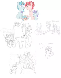 Size: 3000x3818 | Tagged: a better ending for cozy, artist:roseyicywolf, balloon, cotton candy, cozy glow, cozy glow's mom, crackle cosette, derpibooru import, disguise, disguised changeling, headcanon, jewelry, lord tirek, monochrome, oc, parent, partial color, queen chrysalis, ring, safe, sketch, the ending of the end