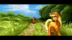 Size: 2454x1380 | Tagged: safe, artist:lorenz3, artist:notaletolivefor, derpibooru import, apple bloom, applejack, bird, earth pony, pony, cloud, duo, grass, looking at something, looking back, scenery, sky, trail, tree