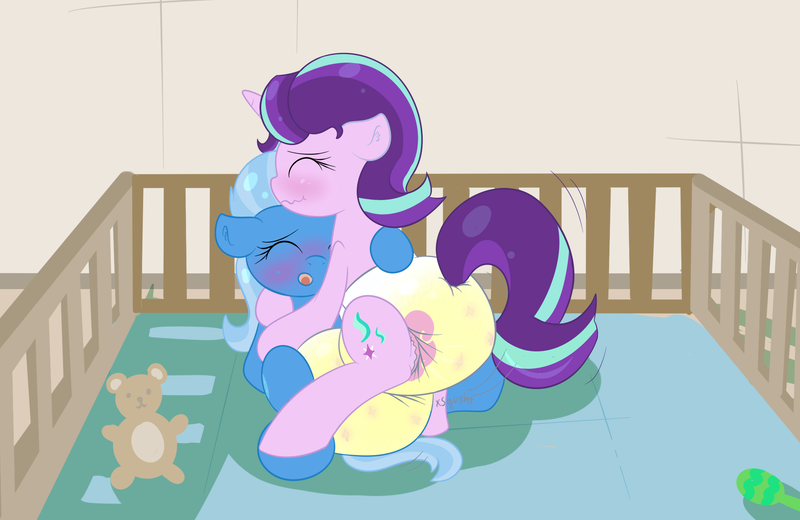 Size: 2146x1394 | Tagged: questionable, artist:vitriolink, derpibooru import, starlight glimmer, trixie, pony, adult foal, blushing, diaper, diaper fetish, diaper grinding, female, fetish, lesbian, playpen, poofy diaper, sex, shipping, startrix, wet diaper